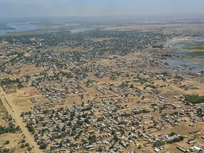 Framed Print : Aerial of N´Djamena, capital of Chad and the Chari River, Chad Framed Print : Aerial of N´Djamena, capital of Chad and the Chari River, Chad