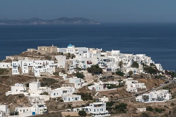 Aerial overview of Kastro Village, with island of Antiparos in background, Sifnos
