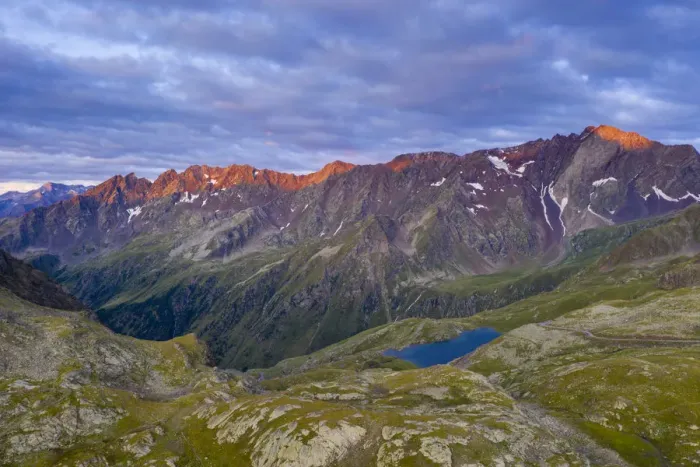 Framed Print : Aerial panoramic of Cima di Pietrarossa and Lago Nero at dawn, Gavia Pass, Valcamonica Framed Print : Aerial panoramic of Cima di Pietrarossa and Lago Nero at dawn, Gavia Pass, Valcamonica