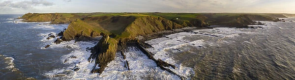 Aerial panoramic of dramatic coastline near Hartland Point on the North Devon coast in