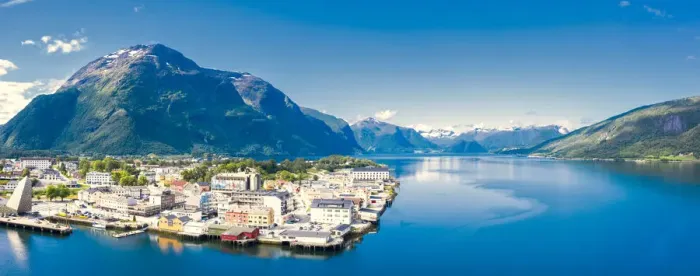 Framed Print : Aerial panoramic by drone of Andalsnes town and fjord, Rauma municipality, More og Framed Print : Aerial panoramic by drone of Andalsnes town and fjord, Rauma municipality, More og