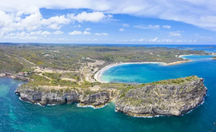 Framed Print : Aerial panoramic by drone of cliffs surrounding Half Moon Bay washed by Caribbean Sea Framed Print : Aerial panoramic by drone of cliffs surrounding Half Moon Bay washed by Caribbean Sea