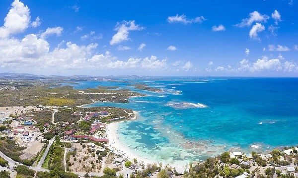 Aerial panoramic by drone of coral reef along Long Bay beach, Antigua, Antigua