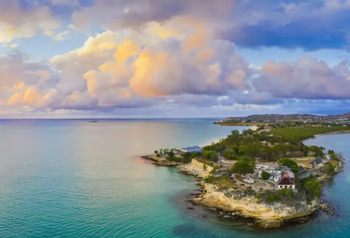 Framed Print : Aerial panoramic by drone of Fort James, St. Johns, Antigua, Leeward Islands Framed Print : Aerial panoramic by drone of Fort James, St. Johns, Antigua, Leeward Islands