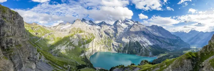 Framed Print : Aerial panoramic of Oeschinensee lake surrounded by woods in summer, Bernese Oberland Framed Print : Aerial panoramic of Oeschinensee lake surrounded by woods in summer, Bernese Oberland