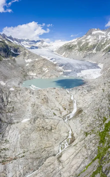Framed Print : Aerial panoramic of Rhone Glacier and glacial lake at its base, Gletsch, Canton of Valais Framed Print : Aerial panoramic of Rhone Glacier and glacial lake at its base, Gletsch, Canton of Valais