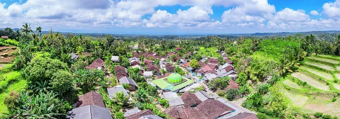 Framed Print : Aerial panoramic of the rural village of Licin surrounded by terraced fields, Bali, Indonesia