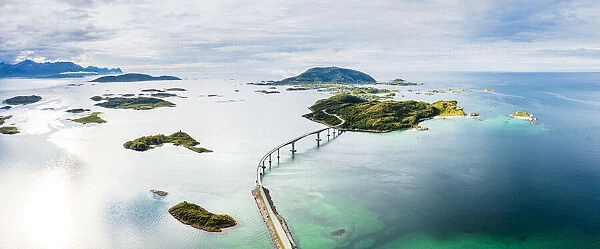 Aerial panoramic of Sommaroy bridge and crystal sea, Sommaroy, Troms county