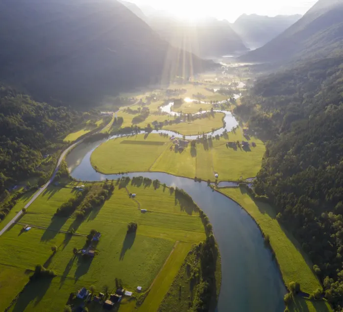 Framed Print : Aerial panoramic of Stryneelva river and fields during a misty sunrise, Stryn, Nordfjorden Framed Print : Aerial panoramic of Stryneelva river and fields during a misty sunrise, Stryn, Nordfjorden