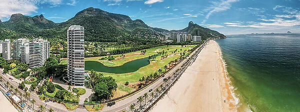 Aerial panoramic view of Gavea Beach in Sao Conrado, an upper-class neighbourhood in the west of Rio, Rio de Janeiro, Brazil, South America
