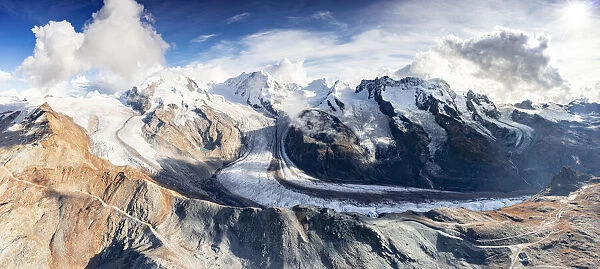 Aerial panoramic view of Gorner Glacier, Lyskamm, Monte Rosa, Castor and Pollux mountains