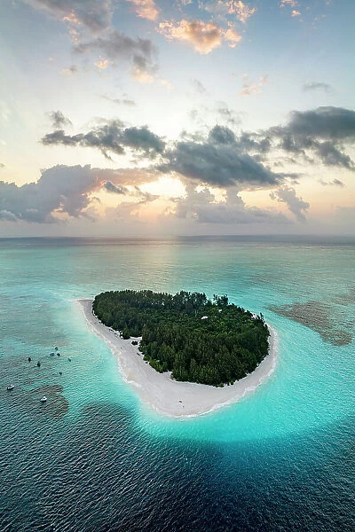 Aerial panoramic view of idyllic tropical atoll at dawn, Mnemba Island, Zanzibar, Tanzania, East Africa, Africa