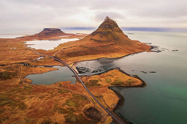 Aerial panoramic view of the Kirkjufell mountain at Snaefellsnes Peninsula, Vesturland region, West of Iceland, Iceland, Polar Regions