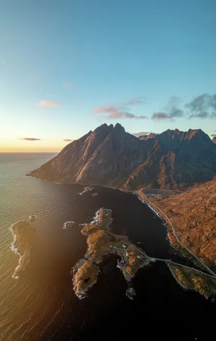 Framed Print : Aerial panoramic view of majestic mountains overlooking the sea at dawn, Moskenesoya, Lofoten Islands, Nordland, Norway, Scandinavia, Europe Framed Print : Aerial panoramic view of majestic mountains overlooking the sea at dawn, Moskenesoya, Lofoten Islands, Nordland, Norway, Scandinavia, Europe