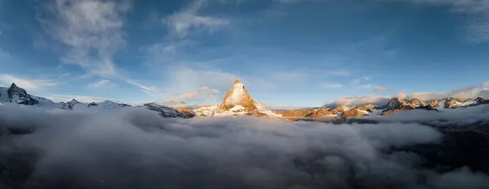 Framed Print : Aerial panoramic view of Matterhorn in autumn fog at dawn, Zermatt, Valais canton, Switzerland, Europe Framed Print : Aerial panoramic view of Matterhorn in autumn fog at dawn, Zermatt, Valais canton, Switzerland, Europe