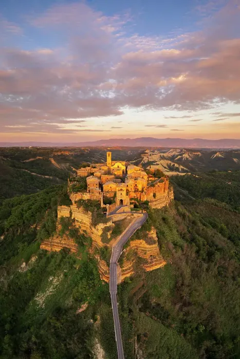 Framed Print : Aerial panoramic view of the medieval village of Civita di Bagnoregio at sunset, Viterbo province, Latium (Lazio), Italy, Europe Framed Print : Aerial panoramic view of the medieval village of Civita di Bagnoregio at sunset, Viterbo province, Latium (Lazio), Italy, Europe