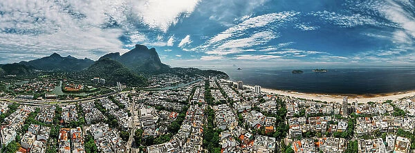 Aerial panoramic view of Pepe Beach and Pedra da Gavea in Barra da Tijuca district, an upscale neighborhood on the west side of Rio de Janeiro, Brazil, South Amereica