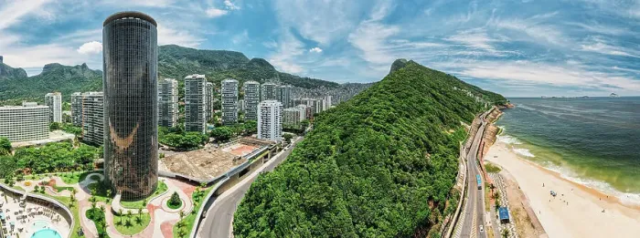 Framed Print : Aerial panoramic view of Sao Conrado neighbourhood with iconic Hotel Nacional on the left designed by Oscar Niemeyer, Rio de Janeiro, Brazil, South America