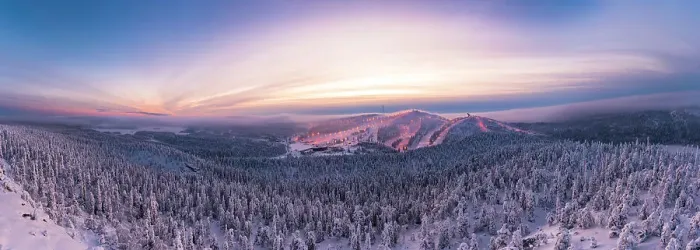 Framed Print : Aerial panoramic view of snowy forest and ski slopes under the dramatic sky at sunset, Ruka, Kuusamo, Northern Ostrobothnia, Lapland, Finland, Europe Framed Print : Aerial panoramic view of snowy forest and ski slopes under the dramatic sky at sunset, Ruka, Kuusamo, Northern Ostrobothnia, Lapland, Finland, Europe