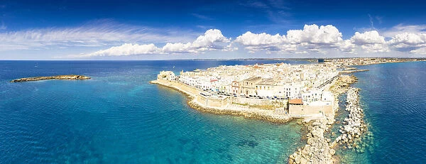 Aerial panoramic of white buildings in the seaside town of Gallipoli, Lecce province