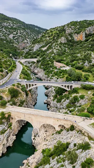 Framed Print : Aerial of the Pont du Diable (Saint-Jean-de-Fos), UNESCO World Heritage Site, Causses and Cevennes, Herault, Occitanie, France, Europe Framed Print : Aerial of the Pont du Diable (Saint-Jean-de-Fos), UNESCO World Heritage Site, Causses and Cevennes, Herault, Occitanie, France, Europe