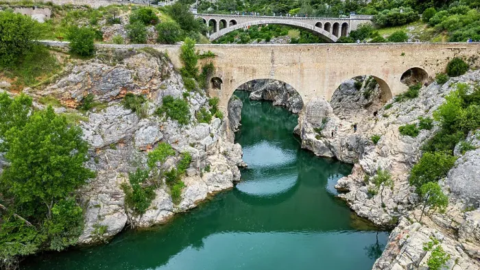 Framed Print : Aerial of the Pont du Diable (Saint-Jean-de-Fos), UNESCO World Heritage Site, Causses and Cevennes, Herault, Occitanie, France, Europe Framed Print : Aerial of the Pont du Diable (Saint-Jean-de-Fos), UNESCO World Heritage Site, Causses and Cevennes, Herault, Occitanie, France, Europe