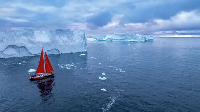 Framed Print : Aerial of a red sailing boat in the Ilulissat Icefjord, UNESCO World Heritage Site, Western Greenland, Denmark, Polar Regions Framed Print : Aerial of a red sailing boat in the Ilulissat Icefjord, UNESCO World Heritage Site, Western Greenland, Denmark, Polar Regions
