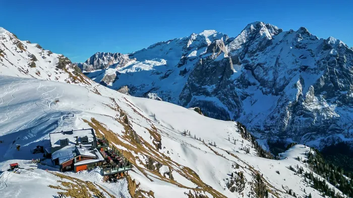 Framed Print : Aerial of a restaurantbelow the Marmolada highest mountain in the Dolomites, Italy Framed Print : Aerial of a restaurantbelow the Marmolada highest mountain in the Dolomites, Italy