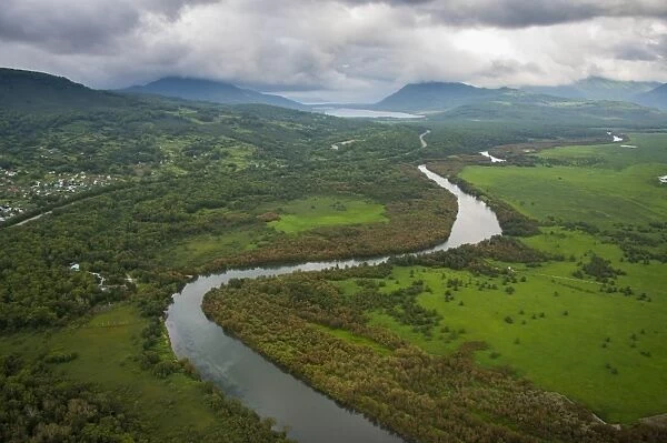 Aerial of a river bend in the untouched south of Kamchatka, Russia, Eurasia