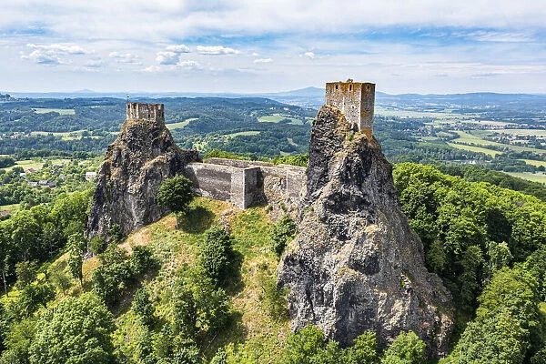 Aerial of Rock town of Hruba Skala with the castle in the background, Bohemian Paradise