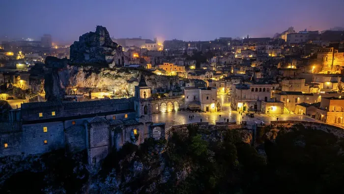 Framed Print : Aerial of Sassi di Matera at night, UNESCO World Heritage Site, Basilicata, Italy, Europe Framed Print : Aerial of Sassi di Matera at night, UNESCO World Heritage Site, Basilicata, Italy, Europe
