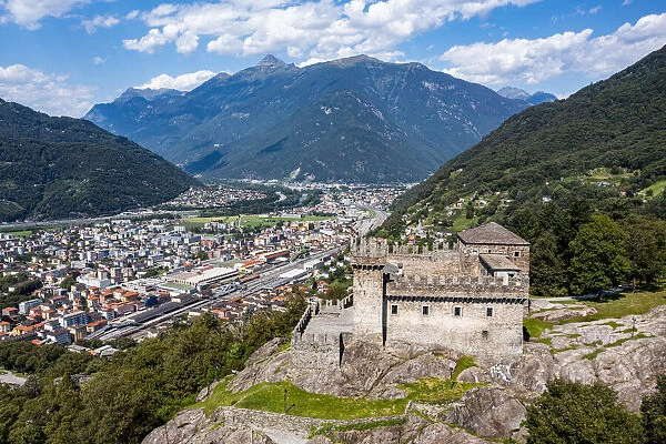 Aerial of Sasso Corbaro Castle, Three Castles of Bellinzona UNESCO World Heritage Site