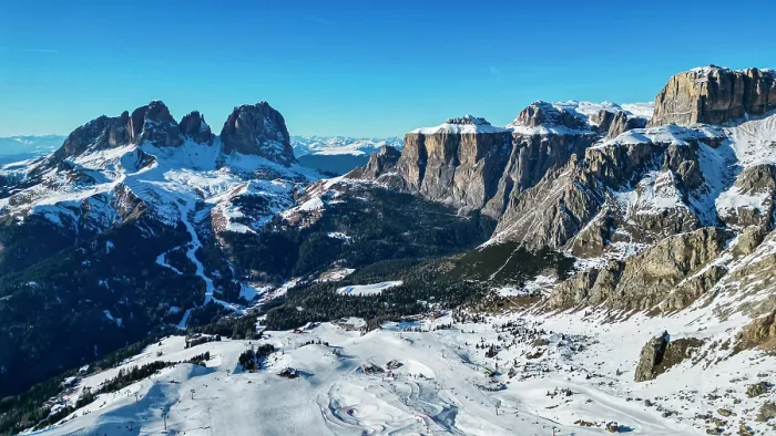 Framed Print : Aerial of Sassolongo or Langkofelscharte and the Canazei ski slopes, Dolomites, Italy Framed Print : Aerial of Sassolongo or Langkofelscharte and the Canazei ski slopes, Dolomites, Italy