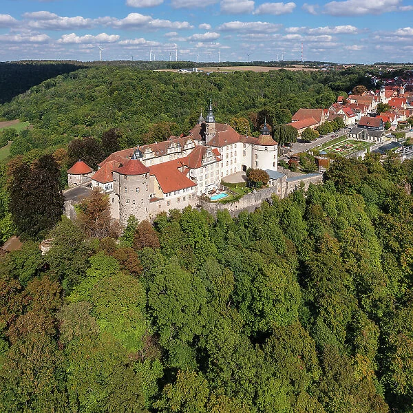 Aerial of Schloss Langenburg, Langenburg, Hohenlohe, Baden-Wurttemberg, Germany, Europe