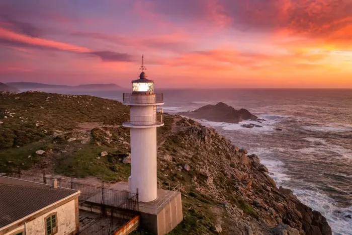 Framed Print : Aerial sea landscape view of Cape Tourinan Lighthouse at sunset with pink clouds, Galicia Framed Print : Aerial sea landscape view of Cape Tourinan Lighthouse at sunset with pink clouds, Galicia