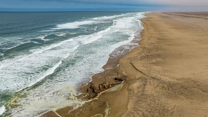 Framed Print : Aerial of a shipwreck on a beach in the Iona National Park, Namibe, Angola, Africa Framed Print : Aerial of a shipwreck on a beach in the Iona National Park, Namibe, Angola, Africa