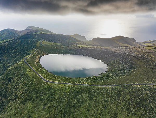 Aerial shot of Caldeira Rasa in Flores island, Azores islands, Portugal, Atlantic, Europe