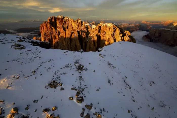 Framed Print : Aerial shot of Sassolungo and Sassopiatto at sunset, Sella Group, Val Gardena in the Dolomites Framed Print : Aerial shot of Sassolungo and Sassopiatto at sunset, Sella Group, Val Gardena in the Dolomites