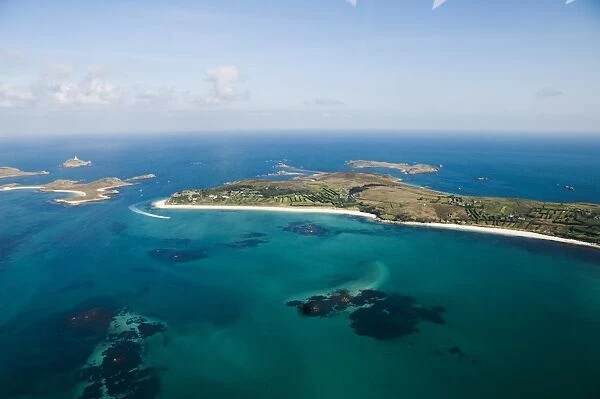 Aerial shot of St. Martins, Isles of Scilly, off Cornwall, United Kingdom, Europe