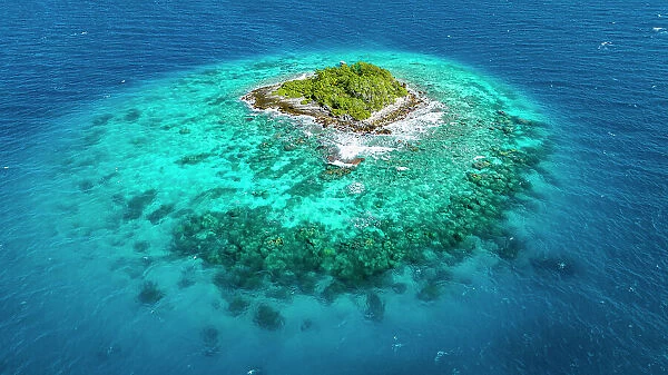 Aerial of a small island in the lagoon of the Rangiroa atoll, Tuamotus, French Polynesia, South Pacific, Pacific
