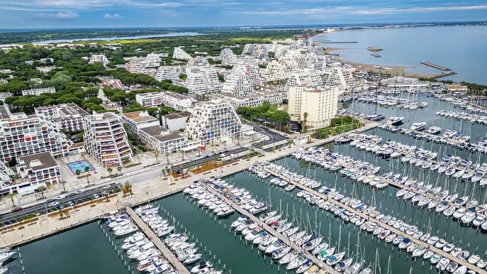 Framed Print : Aerial of the sport harbour, futuristic seaside town of La Grande Motte, Herault, Occitania, France, Europe Framed Print : Aerial of the sport harbour, futuristic seaside town of La Grande Motte, Herault, Occitania, France, Europe