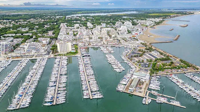 Framed Print : Aerial of the sport harbour, futuristic seaside town of La Grande Motte, Herault, Occitania, France, Europe Framed Print : Aerial of the sport harbour, futuristic seaside town of La Grande Motte, Herault, Occitania, France, Europe
