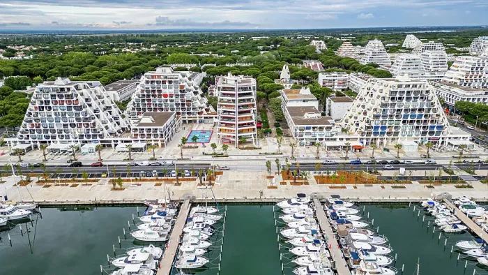 Framed Print : Aerial of the sport harbour, futuristic seaside town of La Grande Motte, Herault, Occitania, France, Europe Framed Print : Aerial of the sport harbour, futuristic seaside town of La Grande Motte, Herault, Occitania, France, Europe