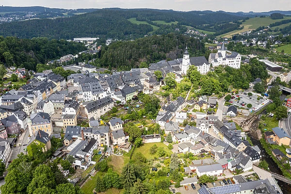 Aerial of St. Georgen Kirche and Palace, town of Schwarzenberg, Ore Mountains