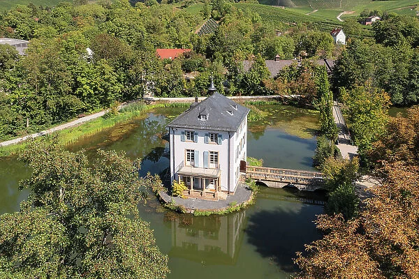 Aerial of Trappensee little castle, Heilbronn, Neckartal Valley, Wuerttemberg Wine Route, Baden-Wurttemberg, Germany, Europe