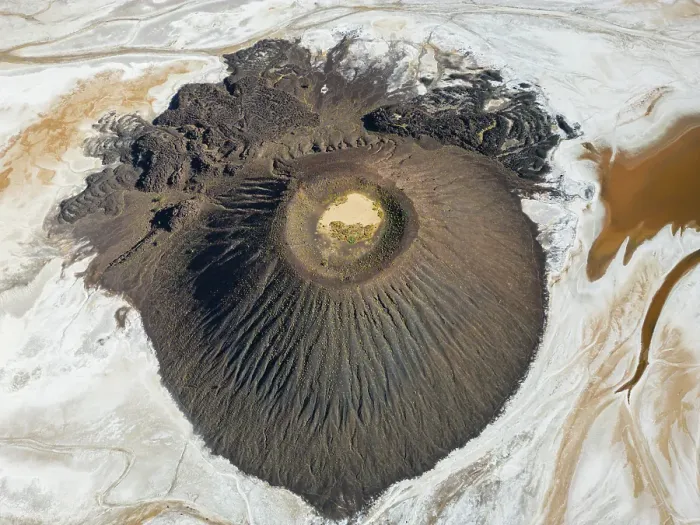 Framed Print : Aerial of the Trou du Natron volcanic crater and its natron lakes, Tibesti Mountains, Chad Framed Print : Aerial of the Trou du Natron volcanic crater and its natron lakes, Tibesti Mountains, Chad