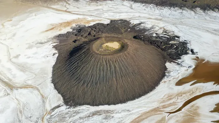 Framed Print : Aerial of the Trou du Natron volcanic crater and its natron lakes, Tibesti Mountains, Chad Framed Print : Aerial of the Trou du Natron volcanic crater and its natron lakes, Tibesti Mountains, Chad