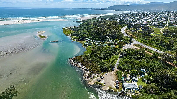 Aerial of the turquoise waters of the Klein River Lagoon, Hermanus, Western Cape Province, South Africa, Africa