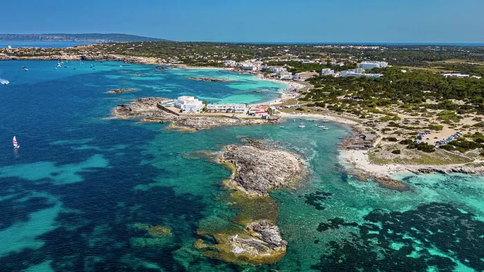 Framed Print : Aerial of the turquoise waters and white sand beach of the Pujols beach, Formentera, Balearic Islands, Spain, Mediterranean, Europe Framed Print : Aerial of the turquoise waters and white sand beach of the Pujols beach, Formentera, Balearic Islands, Spain, Mediterranean, Europe