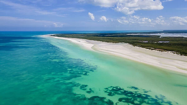 Aerial of the turquoise waters and white sands of Holbox island, Yucatan, Mexico